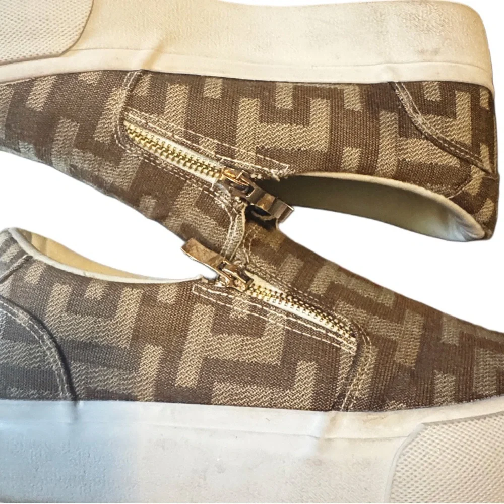 Show Dazzle- Beige Monogram Slip-On Sneakers w/ Side Zip Detail